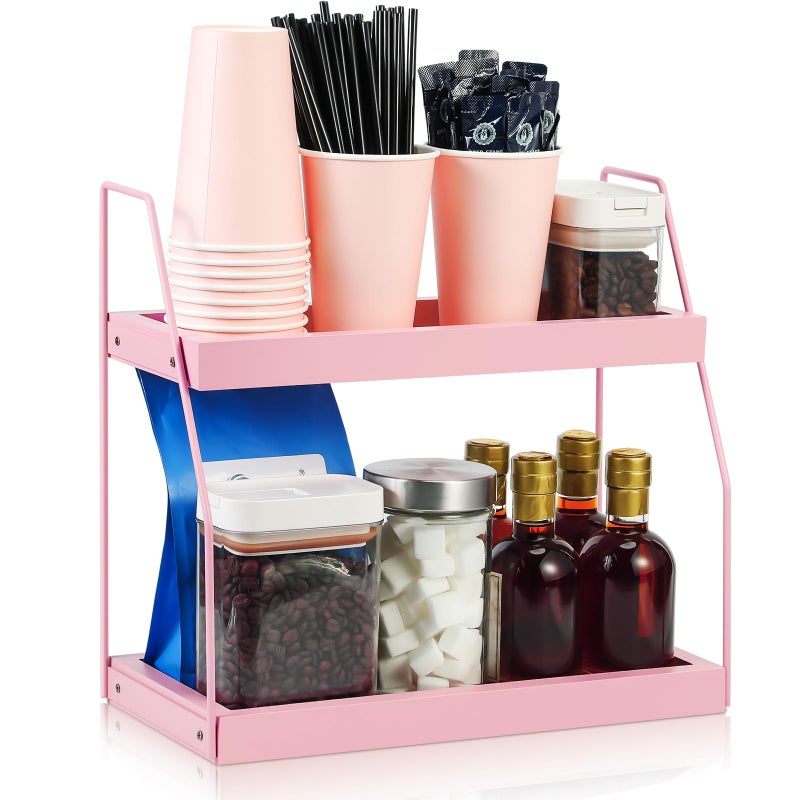 Colingmill Pink Coffee Station Organizer 2 Tier Wooden Countertop Organizer for Coffee Bar Accessories Condiment Storage Caddy for Kitchen Bathroom Office Pink Kitchen Accessories Decor - Image 2
