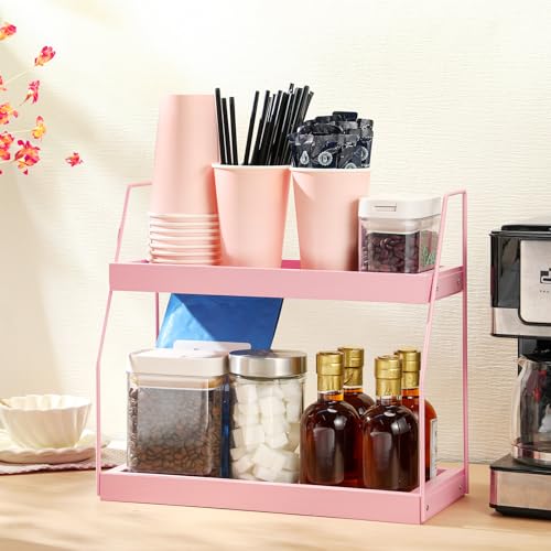 Colingmill Pink Coffee Station Organizer 2 Tier Wooden Countertop Organizer for Coffee Bar Accessories Condiment Storage Caddy for Kitchen Bathroom Office Pink Kitchen Accessories Decor - Image 3