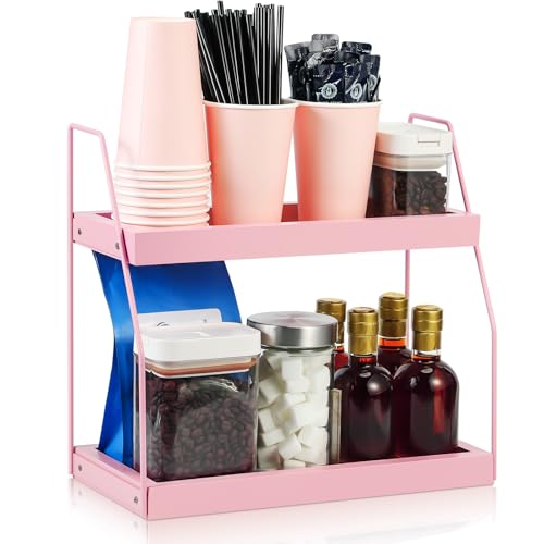 Colingmill Pink Coffee Station Organizer 2 Tier Wooden Countertop Organizer for Coffee Bar Accessories Condiment Storage Caddy for Kitchen Bathroom Office Pink Kitchen Accessories Decor - Image 1