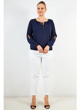 Michael Kors Women Tie Neck Long Sleeves Plain Blouse, Midnight Blue  - Image 4
