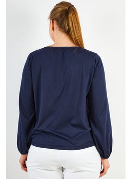 Michael Kors Women Tie Neck Long Sleeves Plain Blouse, Midnight Blue  - Image 2