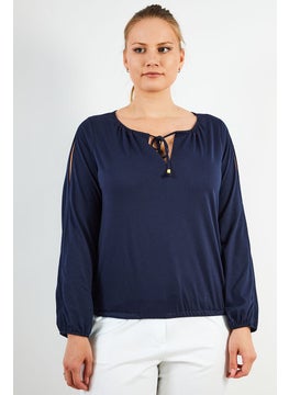 Michael Kors Women Tie Neck Long Sleeves Plain Blouse, Midnight Blue  - Image 1