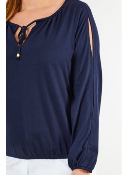 Michael Kors Women Tie Neck Long Sleeves Plain Blouse, Midnight Blue  - Image 3