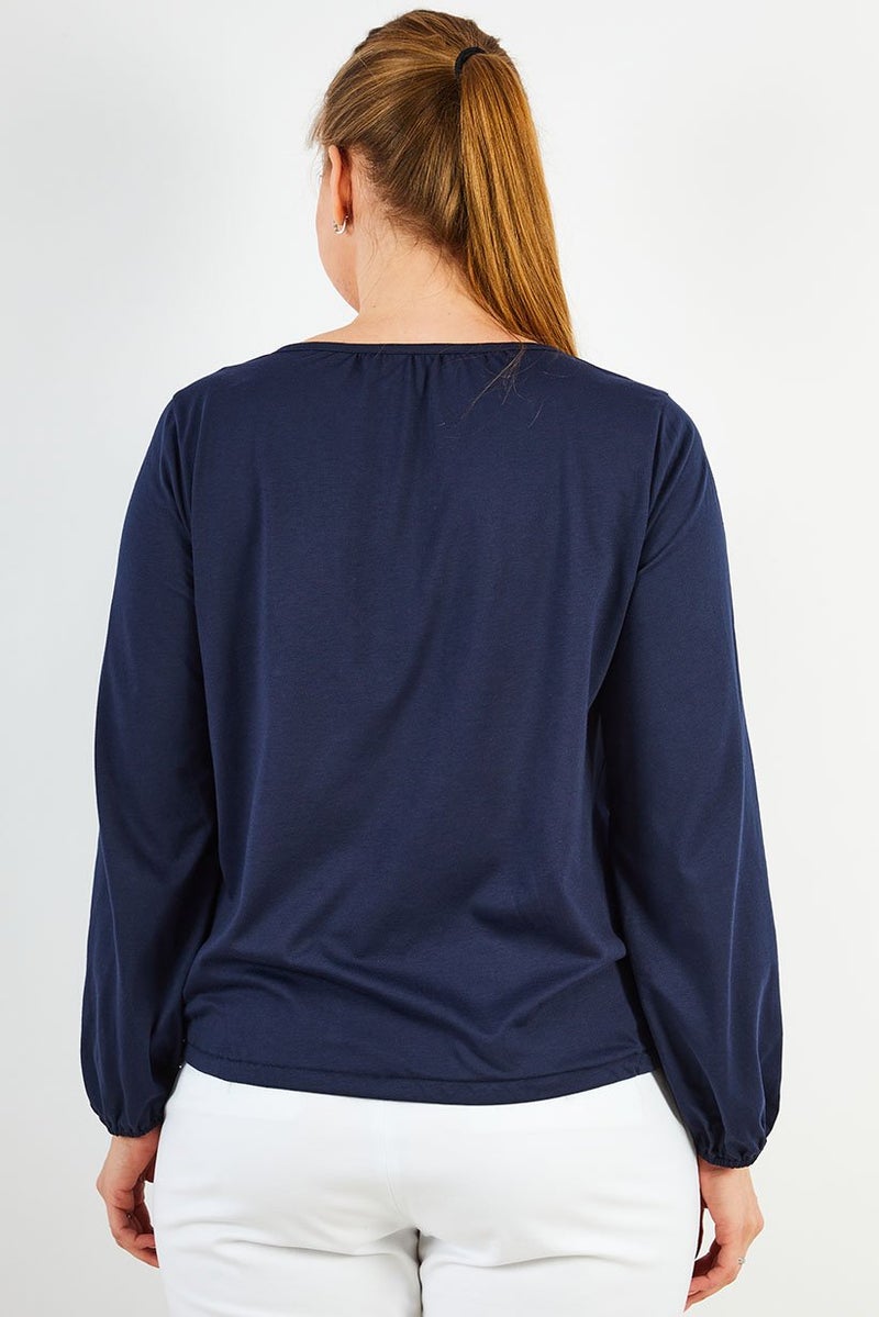 Michael Kors بلوزة نسائية بأكمام طويلة ورباط عنق، أزرق منتصف الليل - Image 2