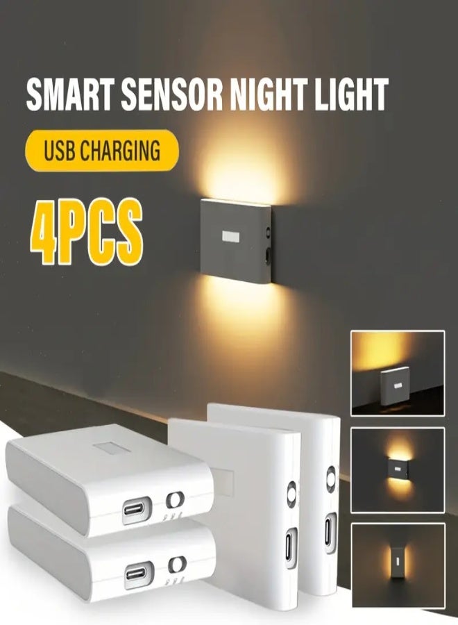ارواق 4 قطع من مصابيح الحائط الليلية القابلة لإعادة الشحن عبر USB مع مستشعر حركة - مصابيح LED ذكية مثبتة على الحائط لغرفة النوم والممر والمطبخ والخزائن وخزائن الملابس والستائر - Image 1
