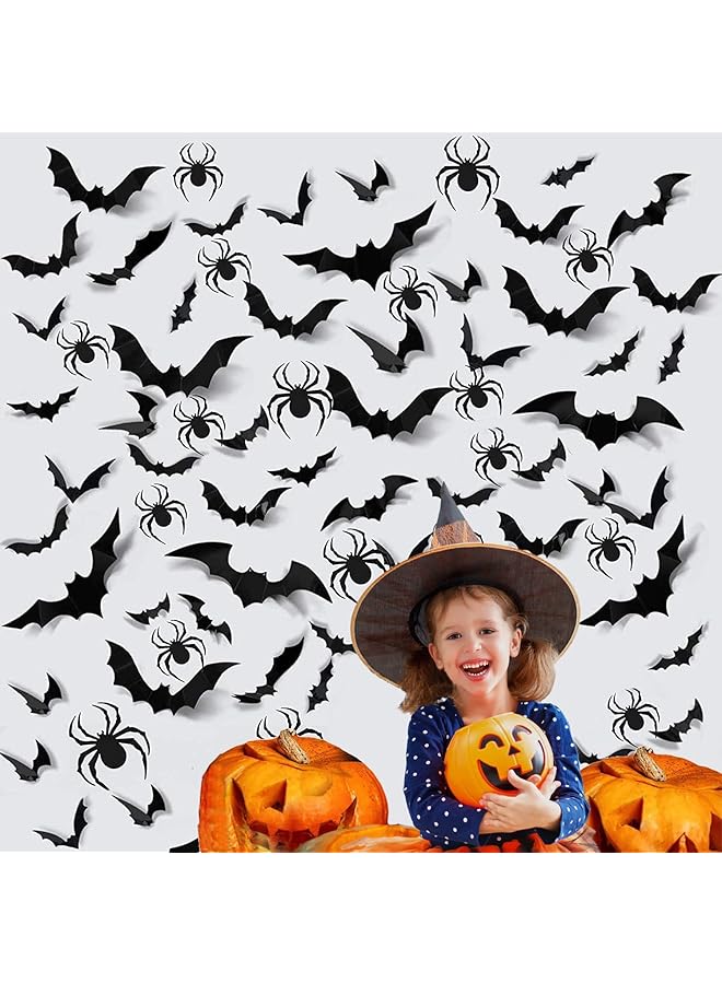 erorex Bats Spiders Wall Decor 68 Pcs 3D Bat Halloween Decoration Stickers For Home Decor 4 Size Waterproof Black Spooky Bats For Room Decor Halloween Decor Home Wall Window Decorations - Image 1