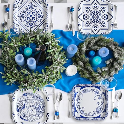 Nitial 120 Pcs Blue and White Flower Paper Plates Disposable Blue and White Decorative Dinner Plates Chinoiserie Dessert tableware for Wedding Birthday Tea(Square) - Image 5