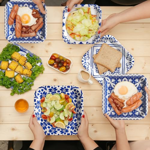 Nitial 120 Pcs Blue and White Flower Paper Plates Disposable Blue and White Decorative Dinner Plates Chinoiserie Dessert tableware for Wedding Birthday Tea(Square) - Image 4