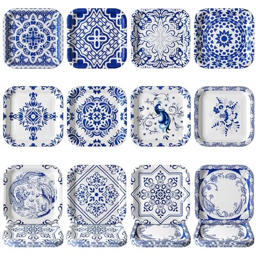 Nitial 120 Pcs Blue and White Flower Paper Plates Disposable Blue and White Decorative Dinner Plates Chinoiserie Dessert tableware for Wedding Birthday Tea(Square) - Image 1