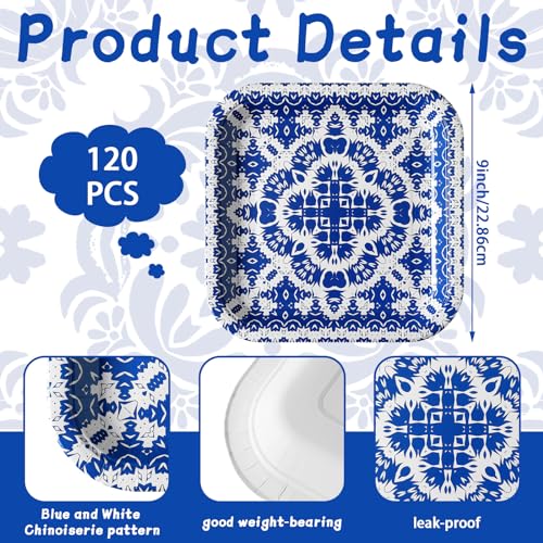 Nitial 120 Pcs Blue and White Flower Paper Plates Disposable Blue and White Decorative Dinner Plates Chinoiserie Dessert tableware for Wedding Birthday Tea(Square) - Image 3