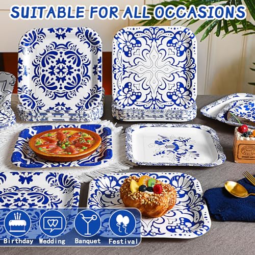 Nitial 120 Pcs Blue and White Flower Paper Plates Disposable Blue and White Decorative Dinner Plates Chinoiserie Dessert tableware for Wedding Birthday Tea(Square) - Image 2
