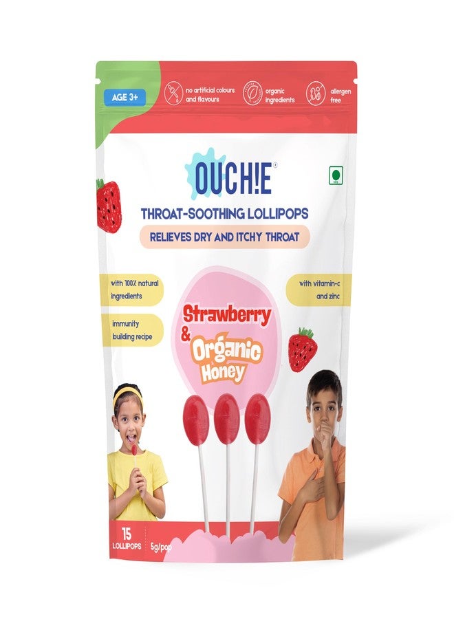 Ouchie Kids Throat Soothing Lollipops | Strawberry with Organic Honey, Vitamin C & Zinc | Helps Relieve Painful, Dry & Itchy Throat with Immunity Support | Clean-Label | 15 Lollipops Per Pack - Image 1