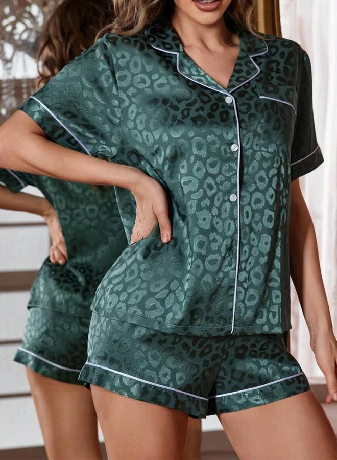 Take Two Dark Green Dark Green Leopard Pattern Piping Shirt and Shorts Set for Women | Best Price UAE