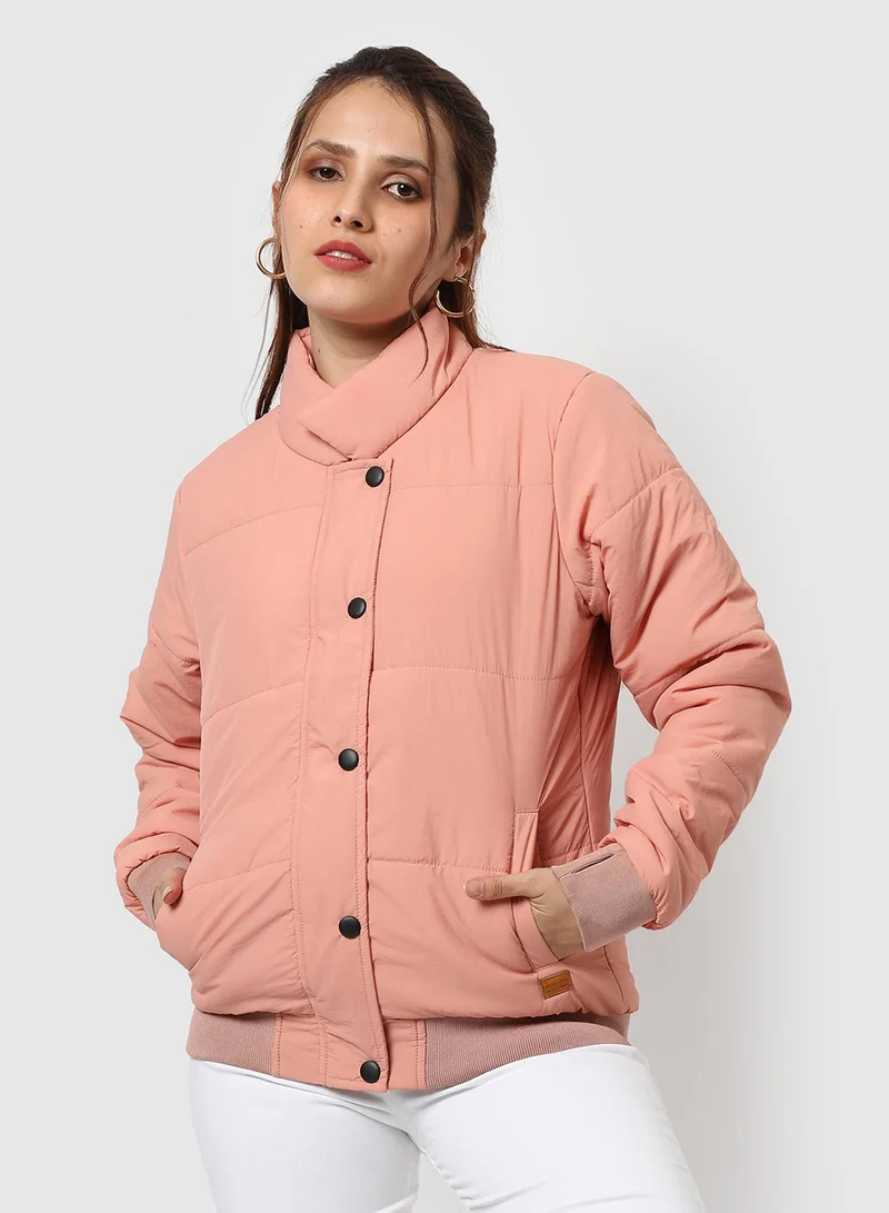 Campus Sutra Women's Blush Pink Puffer Jacket With Ribbed Hem For Casual Wear | High Neck  | Long Sleeve | Button Closure | Polyester Jacket Crafted With Comfort Fit For Everyday Wear | Pink