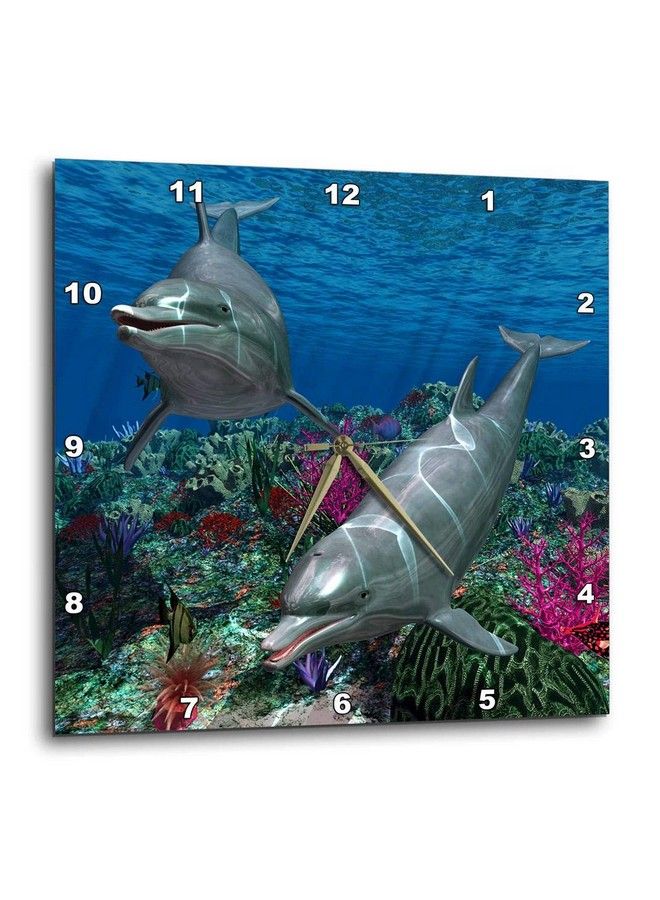 3DROSE Dpp_181785_1 Two Cute Dolphins Swim In The Ocean. A Undersea Scene Wall Clock 10 By 10" - Image 2