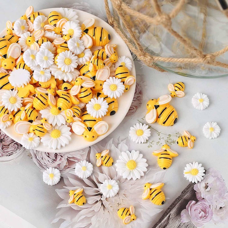 HERZWILD 90Pcs Resin Bee Daisy Flowers Decor Tiny Bees Craft Decoration Flatback Bumble Bee Shaped Embellishment for DIY Crafts Scrapbooking Party Spring Decor (White Sunflowers) - Image 3