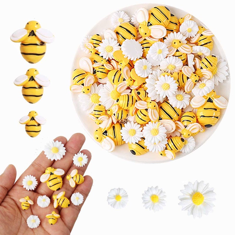 HERZWILD 90Pcs Resin Bee Daisy Flowers Decor Tiny Bees Craft Decoration Flatback Bumble Bee Shaped Embellishment for DIY Crafts Scrapbooking Party Spring Decor (White Sunflowers) - Image 1