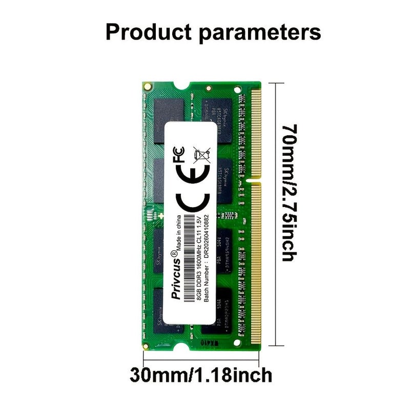 وحدة ذاكرة وصول عشوائي من نوع DDR3 سعة 8 جيجابايت وسرعة 1600 ميجاهرتز وجهد 1.5 فولت من نوع SO-DIMM باللون الأخضر، مخصصة لأجهزة الكمبيوتر المحمولة واللابتوب. - Image 2