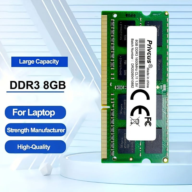 وحدة ذاكرة وصول عشوائي من نوع DDR3 سعة 8 جيجابايت وسرعة 1600 ميجاهرتز وجهد 1.5 فولت من نوع SO-DIMM باللون الأخضر، مخصصة لأجهزة الكمبيوتر المحمولة واللابتوب. - Image 1