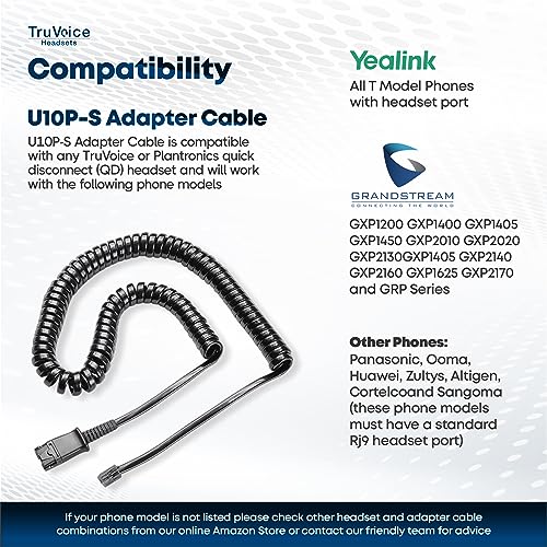 TruVoice U10P-S Adapter 38099-01 for Plantronics Quick Disconnect (QD) Headsets - RJ9 Jack is Compatible with Yealink, Grandstream, Ooma and Snom Desk Phones - Image 2