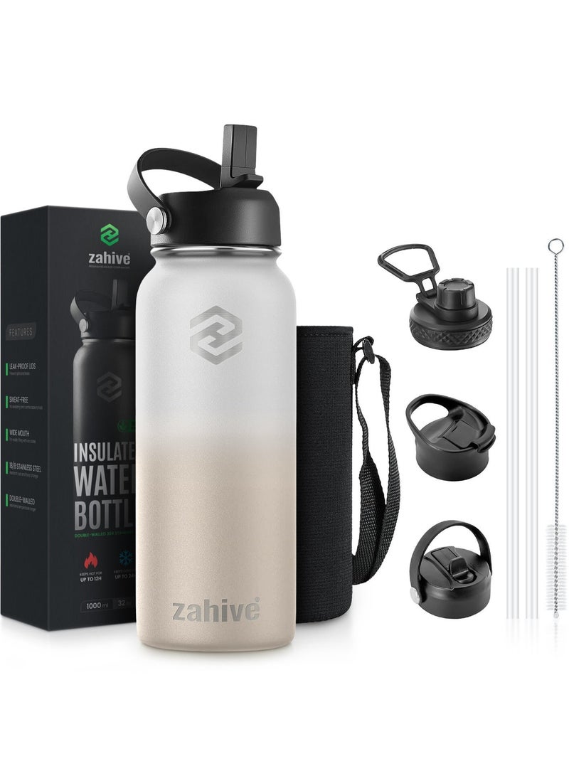 زاهايف زجاجة مياه ستانلس ستيل 1 لتر مع 3 أغطية وحقيبة - زجاجه مياه رياضيه ذات جدار مزدوج 1000 مل - مطارة ماء حافظه للحرارة - زمزميه ماء حافظة للبرودة - قارورة ماء ستيل للماء البارد و الساخن من زاهايف - أبيض - Image 1