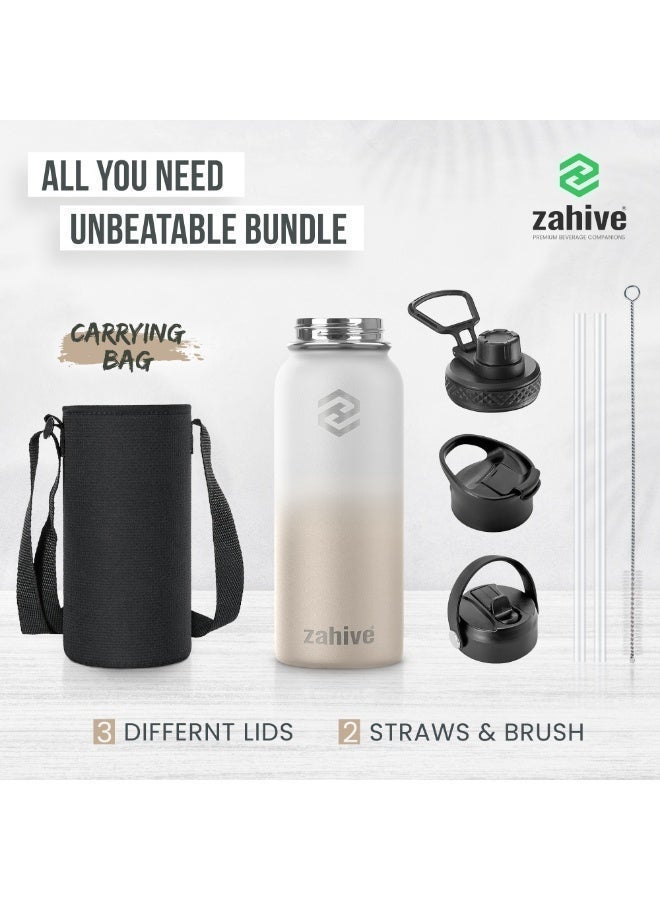 Zahive Insulated Stainless Steel Water Bottle with Straw with 3 Lids and Bag 1000 ml, Double Wall Thermos for Hot and Cold Drinks for Gym and Work, Wide Mouth, Leak Proof, 1 liter, Desert White - Image 3