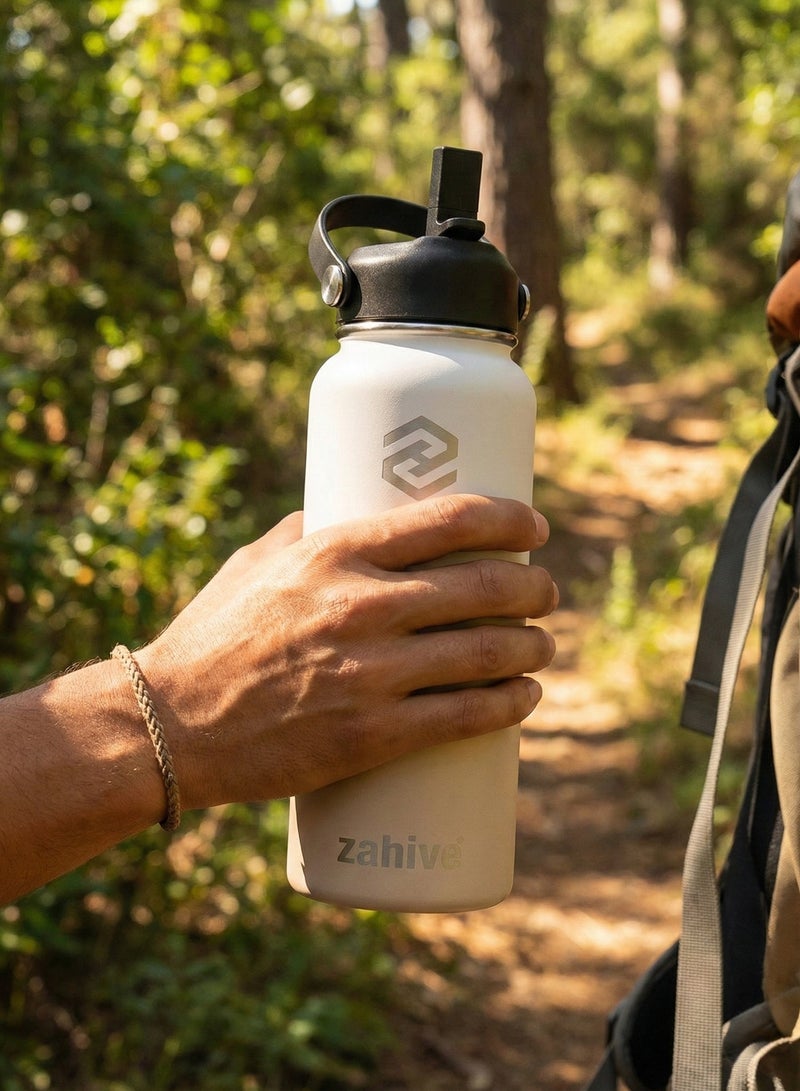 Zahive Insulated Stainless Steel Water Bottle with Straw with 3 Lids and Bag 1000 ml, Double Wall Thermos for Hot and Cold Drinks for Gym and Work, Wide Mouth, Leak Proof, 1 liter, Desert White - Image 4