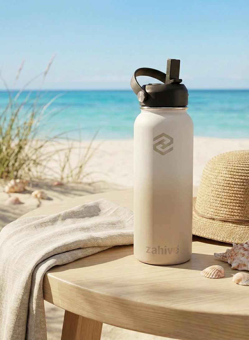 Zahive Insulated Stainless Steel Water Bottle with Straw with 3 Lids and Bag 1000 ml, Double Wall Thermos for Hot and Cold Drinks for Gym and Work, Wide Mouth, Leak Proof, 1 liter, Desert White - Image 5