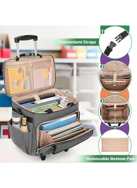 LUXJA Rolling Teacher Bag with Laptop Compartment and Detachable Dolly, Multifunctional Rolling Briefcase with Accordion File Area (Patent Pending), Gray