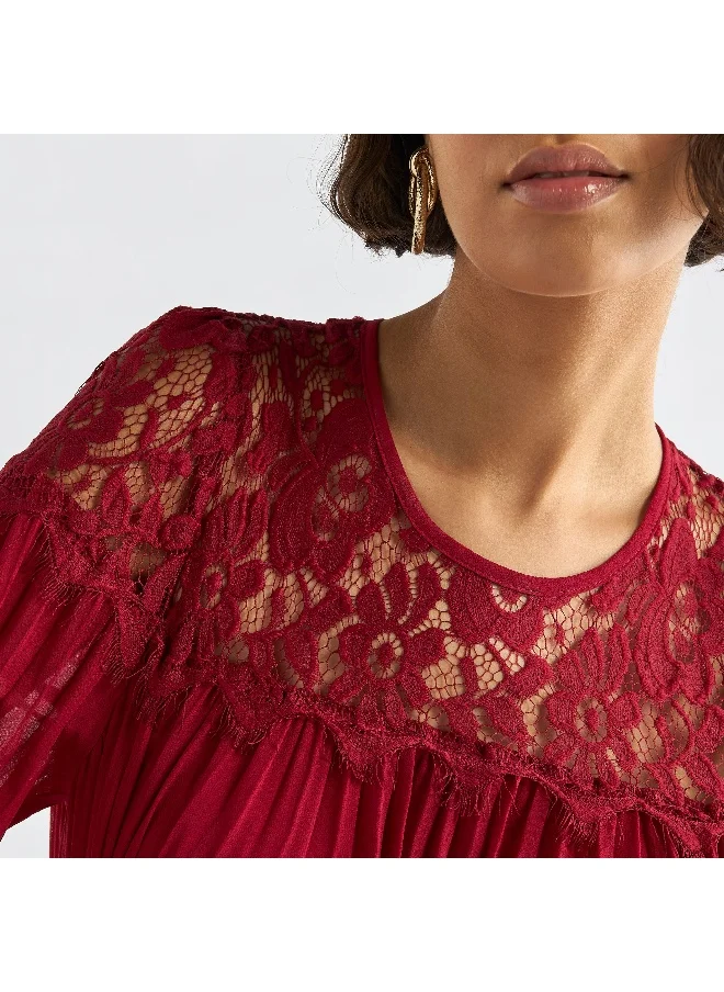 Splash FAV Pleated Lace Detail Maxi Dress with Long Sleeves