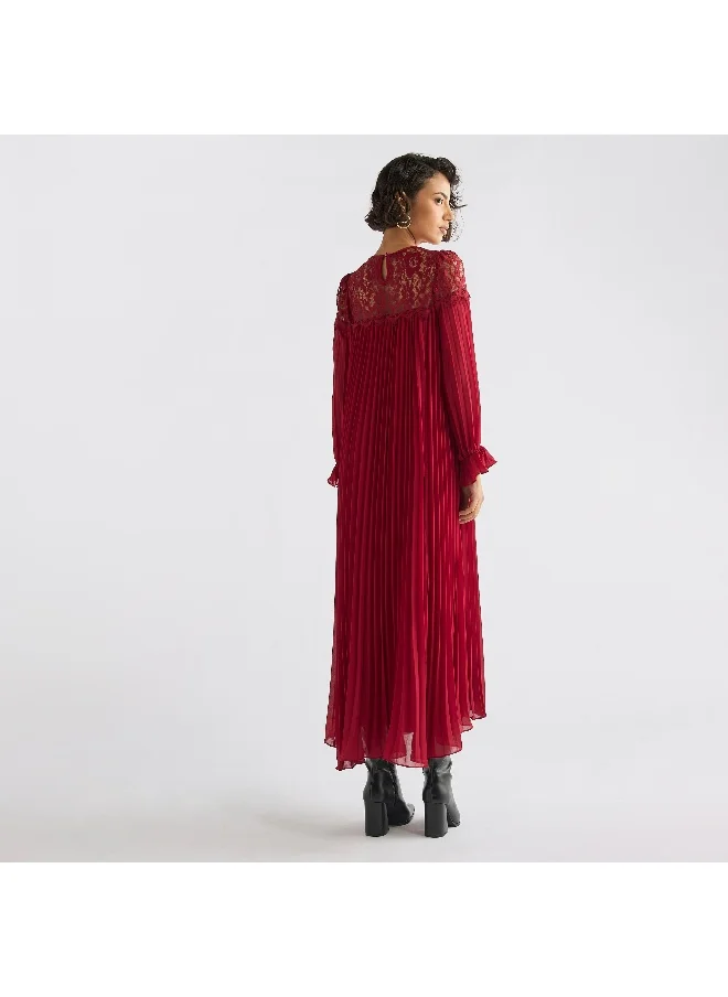 FAV Pleated Lace Detail Maxi Dress with Long Sleeves