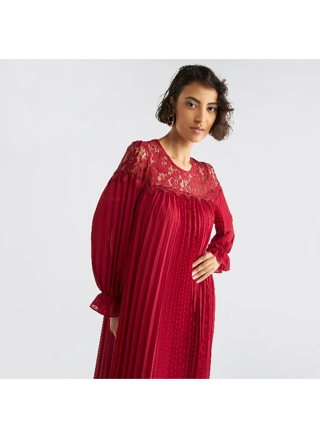 Splash FAV Pleated Lace Detail Maxi Dress with Long Sleeves