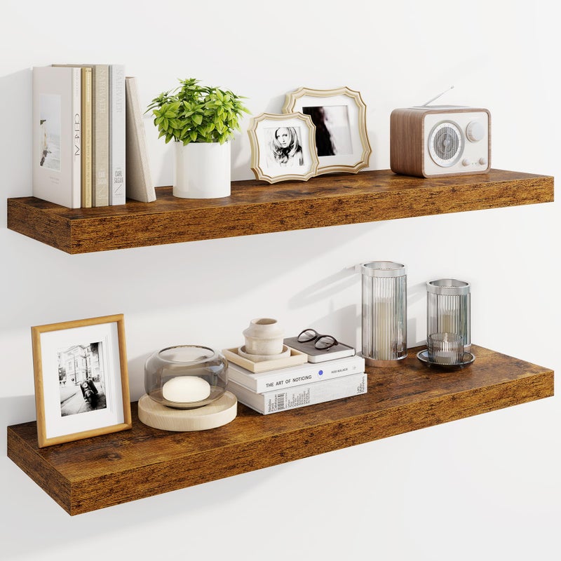 Marsmiles 36" Floating Shelves for Wall, Wooden Shelves with Invisible Brackets Set of 2, Rustic Farmhouse Wall Mounted Shelf for Kitchen Bathroom Living Room Study, Rustic Brown - Image 1