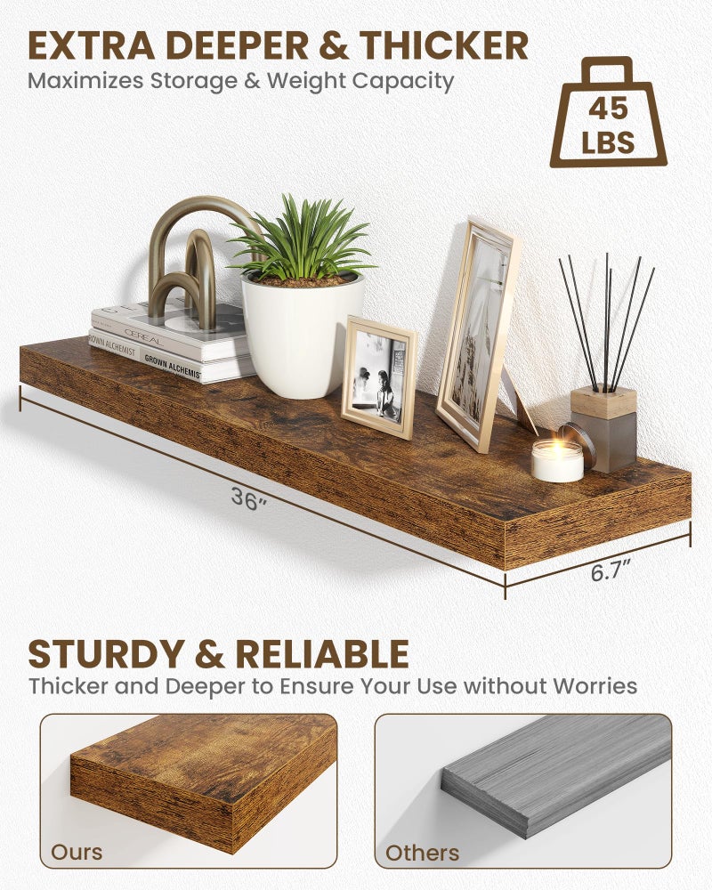 Marsmiles 36" Floating Shelves for Wall, Wooden Shelves with Invisible Brackets Set of 2, Rustic Farmhouse Wall Mounted Shelf for Kitchen Bathroom Living Room Study, Rustic Brown - Image 4