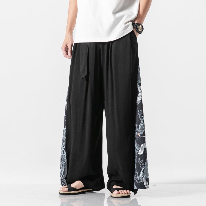 Chinese Style Cotton Linen Crane Printed Wide-legged Pants Mens Hanfu Tang Suit Ancient Costume Performance Costume Antique Fairy Elegant Culottes Black Crane