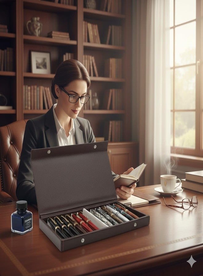 Nooks Leather Luxury Pen Case Organizer Box,14 Pen Holder Storage Box, Snap Closure (Make in India) (Brown) - Image 5