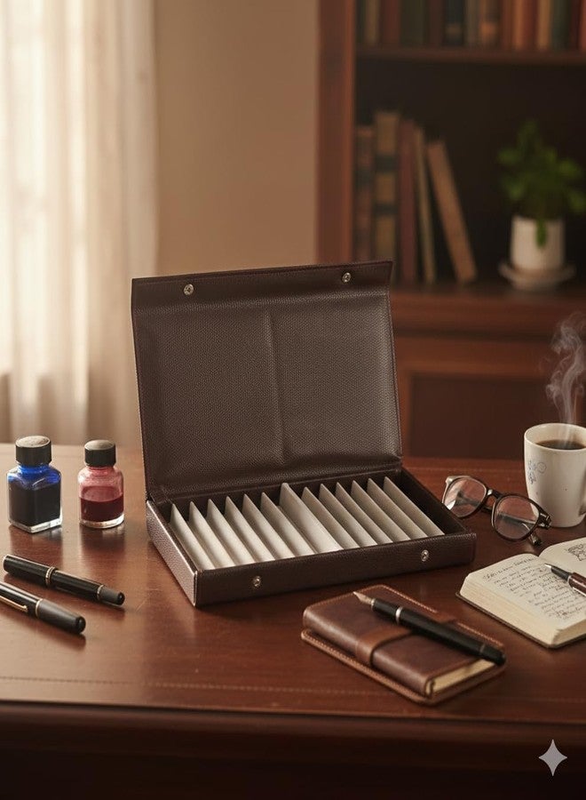 Nooks Leather Luxury Pen Case Organizer Box,14 Pen Holder Storage Box, Snap Closure (Make in India) (Brown) - Image 4