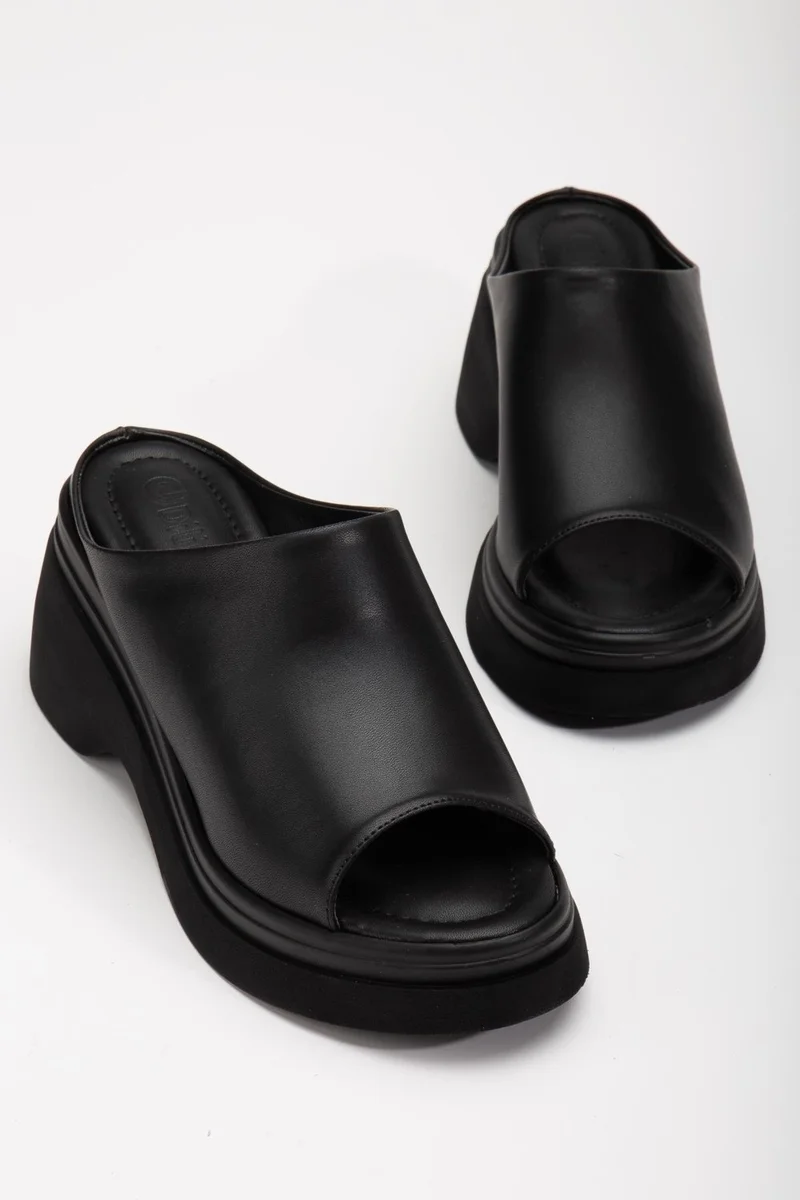 Dilimler Ayakkabı Tümyüz Faux Leather Black Women's Wedge Heel Slippers