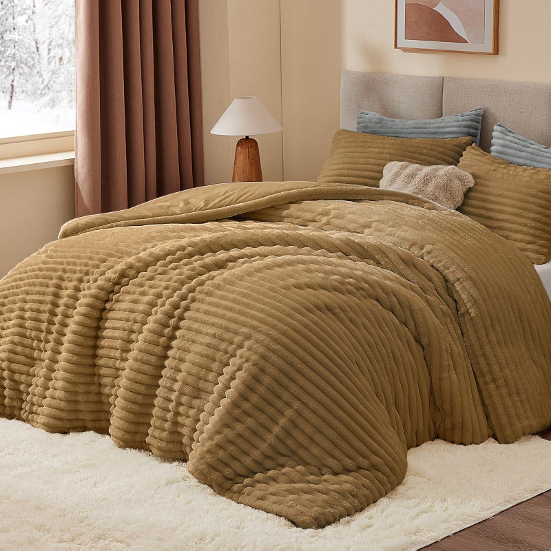 BEDELITE Fleece Queen Comforter Set -Super Soft & Warm Fluffy Brown Bedding, Luxury Fuzzy Heavy Bed Set for Winter with 2 Pillow Cases - Image 1