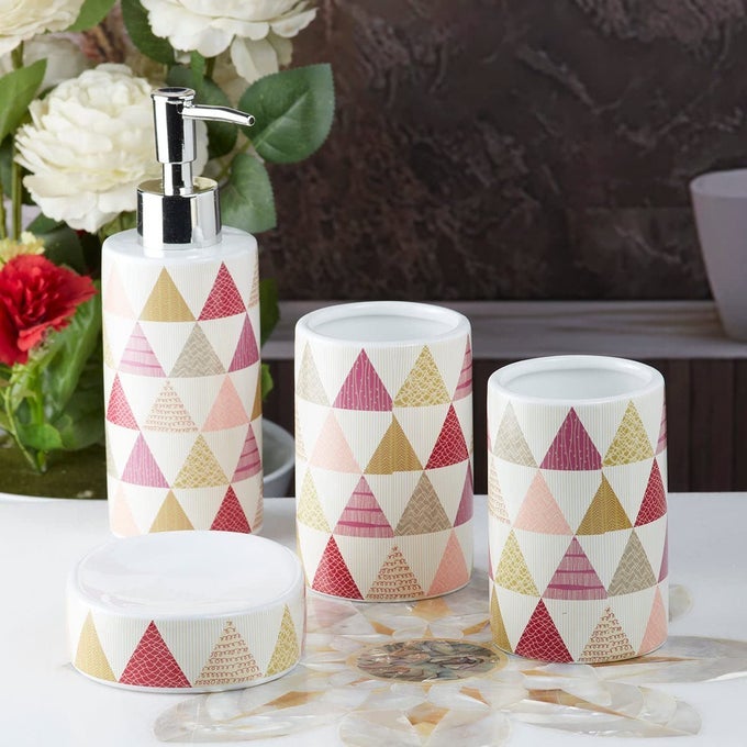 CERAMIC BATHROOM SET STYLISH 4 PIECE BATH ACCESSORIES KIT WITH SOAP DISPENSER TOOTHBRUSH HOLDER TUMBLER SOAP DISH MODERN DESIGNER DECOR FOR HOME GUEST BATHROOMS MULTICOLOR 8165