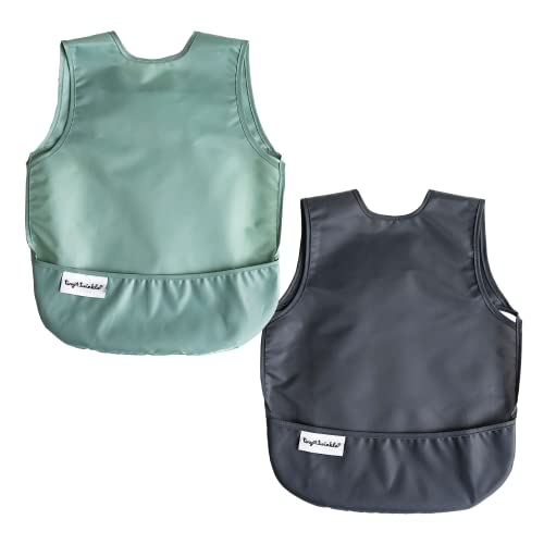 Tiny Twinkle Short Sleeve Apron Bibs for Babies & Toddlers – 2 Pack Waterproof, Mess-Proof Baby Bibs for Eating & Feeding, Machine Washable,Perfect Holiday Gift(Sage Charcoal, 6–24M) - Image 1