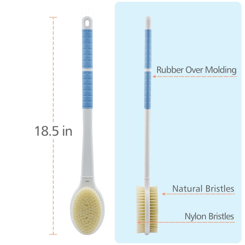 HONOMA Shower Brush with Soft and Stiff Bristles,18.5" Long Handle Dual-Sided Back Scrubber Bath Brush Body Exfoliator for Wet or Dry Brushing (Long Handle) - Image 3