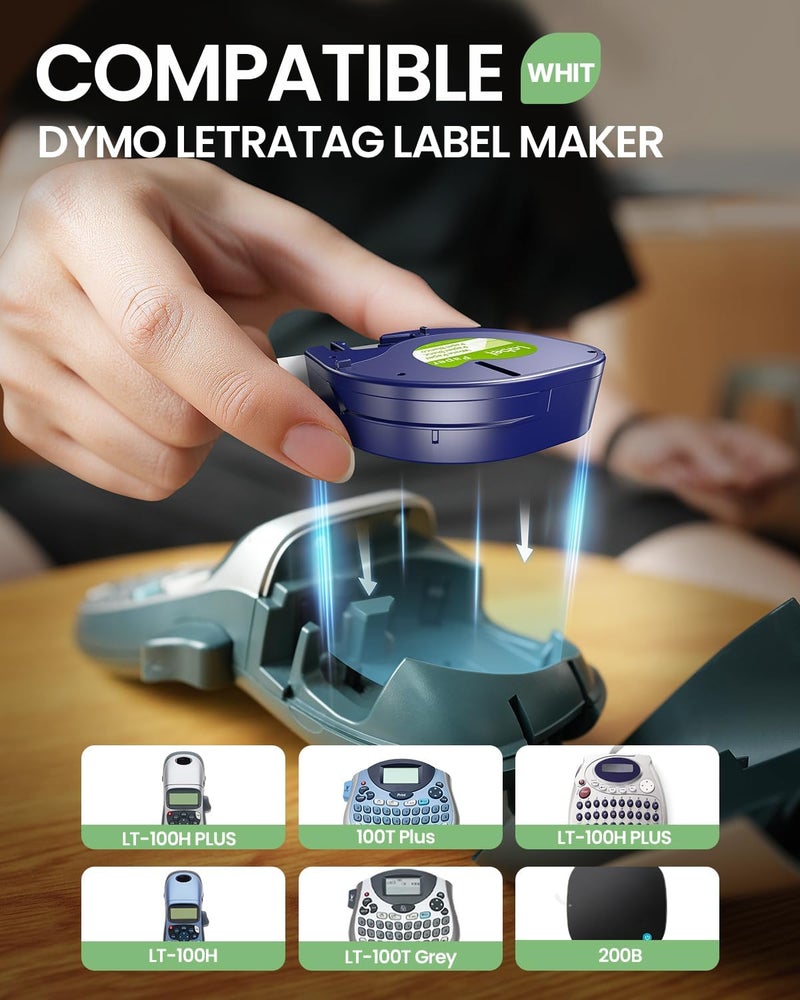 لايبل كينجدوم شريط لاصق بديل متوافق مع علامة KINGDOM لـ DYMO LetraTag، ورق أبيض معاد تعبئته 91330 10697، مقاس 1/2 بوصة × 13 قدم (12 مم × 4 م)، أسود على أبيض لطابعة dymo Letra Tag LT-100H Plus، عبوة من 5 قطع - Image 2