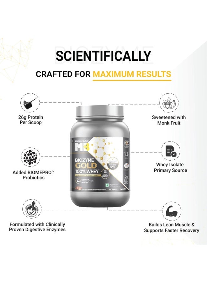 مسل بلايز مسحوق بروتين مصل اللبن MuscleBlaze Biozyme Gold (نقي بنسبة 100%)، بنكهة الشوكولاتة والبندق ومُحلّى بفاكهة الراهب (1 كجم / 2.2 رطل) | 26 جم بروتين لكل مكيال | بروتين مصل اللبن المعزول (Whey Isolate) كمصدر أساسي للبروتين - Image 3