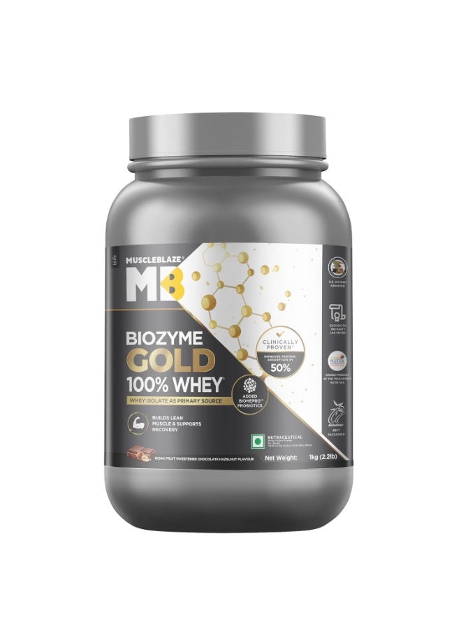 مسل بلايز مسحوق بروتين مصل اللبن MuscleBlaze Biozyme Gold (نقي بنسبة 100%)، بنكهة الشوكولاتة والبندق ومُحلّى بفاكهة الراهب (1 كجم / 2.2 رطل) | 26 جم بروتين لكل مكيال | بروتين مصل اللبن المعزول (Whey Isolate) كمصدر أساسي للبروتين - Image 1