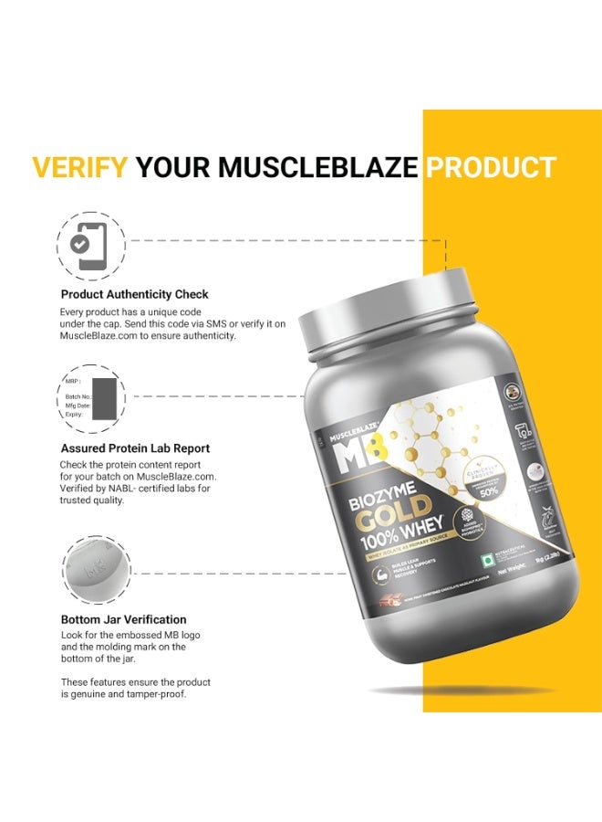 مسل بلايز مسحوق بروتين مصل اللبن MuscleBlaze Biozyme Gold (نقي بنسبة 100%)، بنكهة الشوكولاتة والبندق ومُحلّى بفاكهة الراهب (1 كجم / 2.2 رطل) | 26 جم بروتين لكل مكيال | بروتين مصل اللبن المعزول (Whey Isolate) كمصدر أساسي للبروتين - Image 2