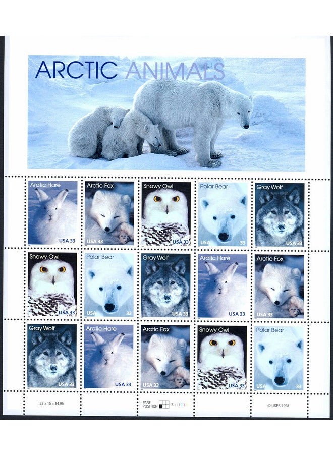 USPS Arctic Animals Arctic Hare Arctic Fox Snowy Owl Polar Bear And Gray Wolf Full Sheet Of 15 X 33Cent Postage Stamps Usa 1999 Scott 328892  - Image 1