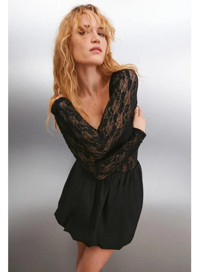 GRIMELANGE Grimelange Natali Women's Wide Neck Slim Fit Long Sleeve Lace Black Blouse