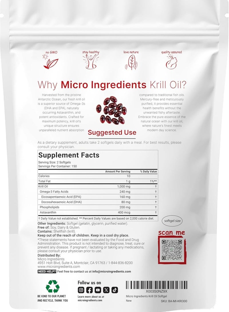 Micro Ingredients Micro Ingredients Krill Oil Antarctic, 1000mg Per Serving 300 Soft-Gels - Image 2