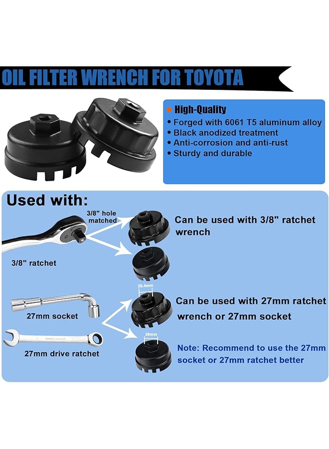 NALACAL أداة إزالة غطاء فلتر الزيت من الألومنيوم، مجموعة مفاتيح فلتر الزيت، 64.5 مم، 14 فتحة، متوافقة مع جميع سيارات تويوتا ولكزس وسكيون وراف فور وكامري وتندرا وهايلاندر ولكزس ES300H والمزيد، عبوة من قطعتين (4 فتحات و6 فتحات) - Image 4